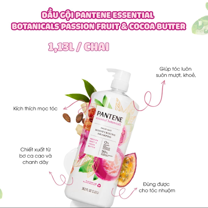 Dầu Gội và Dầu Xả Pantene 1.13l Passion Fruit & Cocoa Butter Bơ Cacao, Dành cho tóc khô xơ, hư tổn do hoá chất