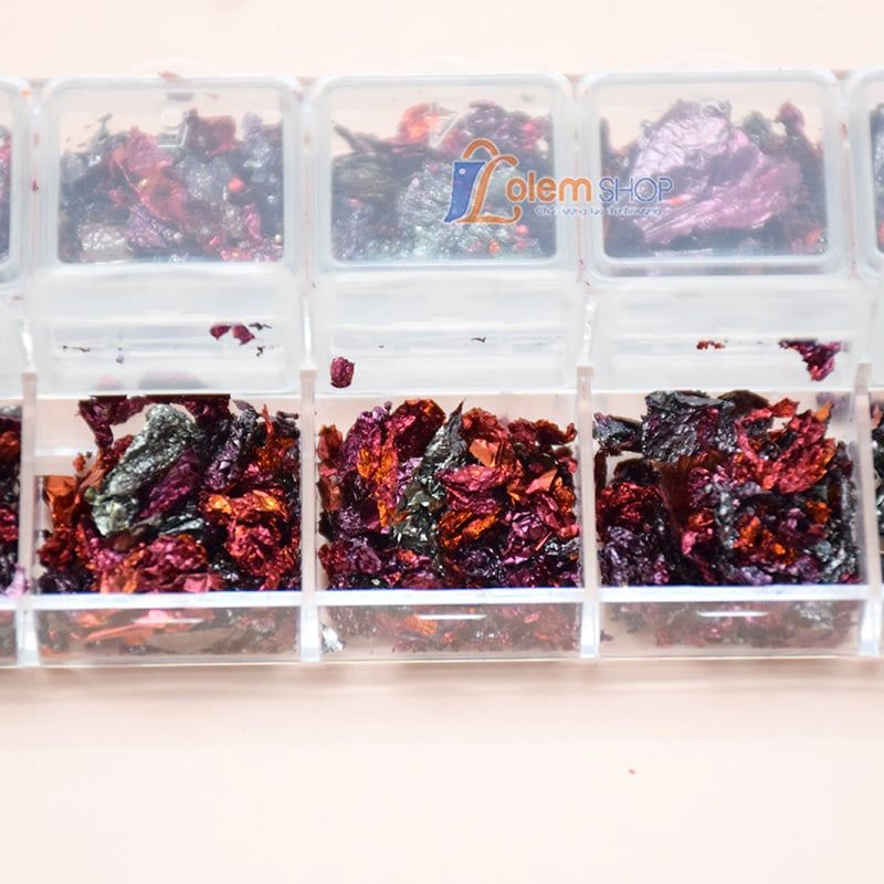 Set Giấy Bạc Vụn Trang Trí Móng 12 Ô, Tone đỏ đất sét