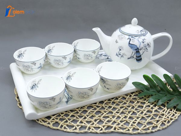 Bộ Khay Trà Bình Tròn Sứ Cao Cấp - Hoa Văn Chim Công