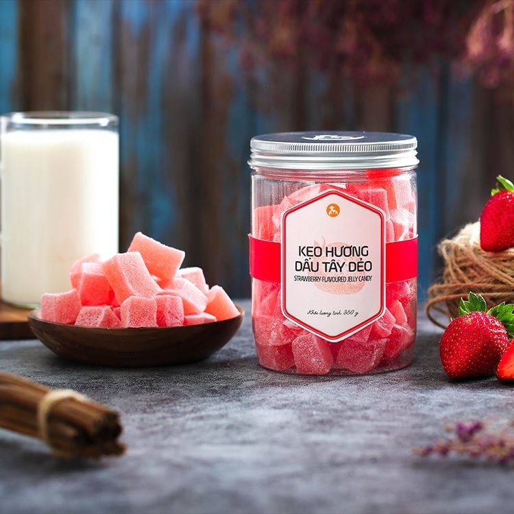 Kẹo Hương Dâu Tây Dẻo, 350g, Hũ, Mẫu Nắp Nhôm, L'angfarm