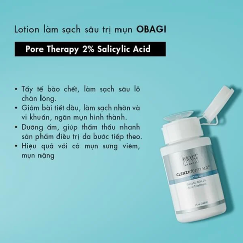 Lotion Làm Sạch Sâu Trị Mụn Obagi Clenziderm MD Pore Therapy 148ml, Giảm thiểu sự xuất hiện của lỗ chân lông, giảm mụn hiệu quả