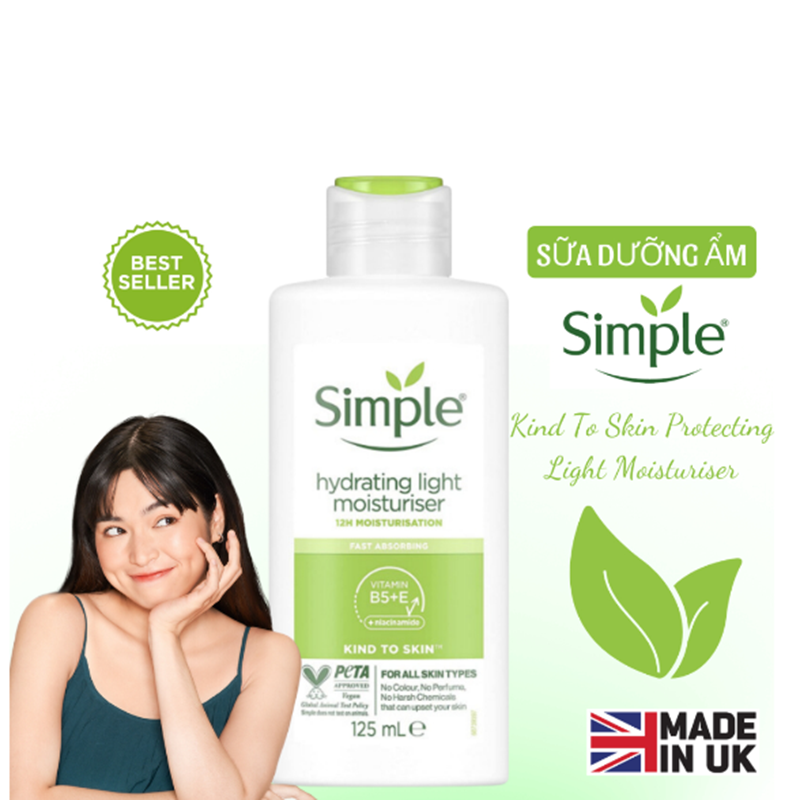 Kem Dưỡng Simple 125ml Kind To Skin Hydrating Light Moisturiser,  chống oxy hóa mạnh mẽ, làm dịu và bảo vệ da