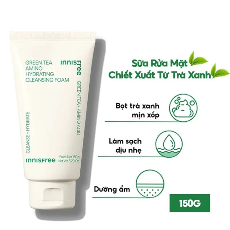 Sữa Rửa Mặt Innisfree 150g Green Tea Hydrating Amino Acid Cleanse Hydrate, giúp da sạch mịn, không gây khô căng.