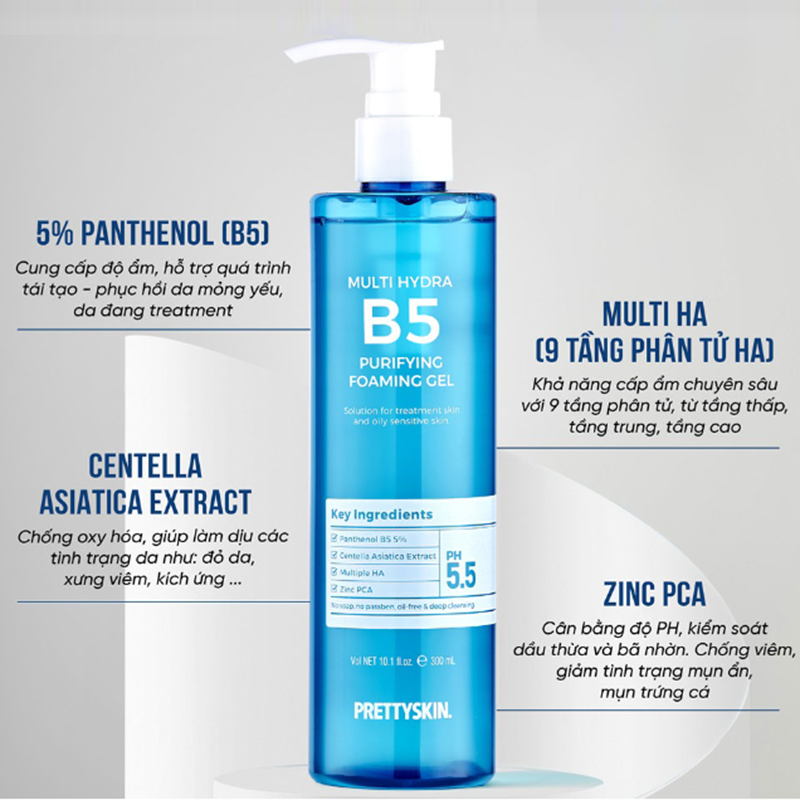 Gel Rửa Mặt Prettyskin Multi Hydra B5 Purifying Foaming Gel 300ml, Làm sạch sâu da, loại bỏ bụi bẩn, bã nhờn