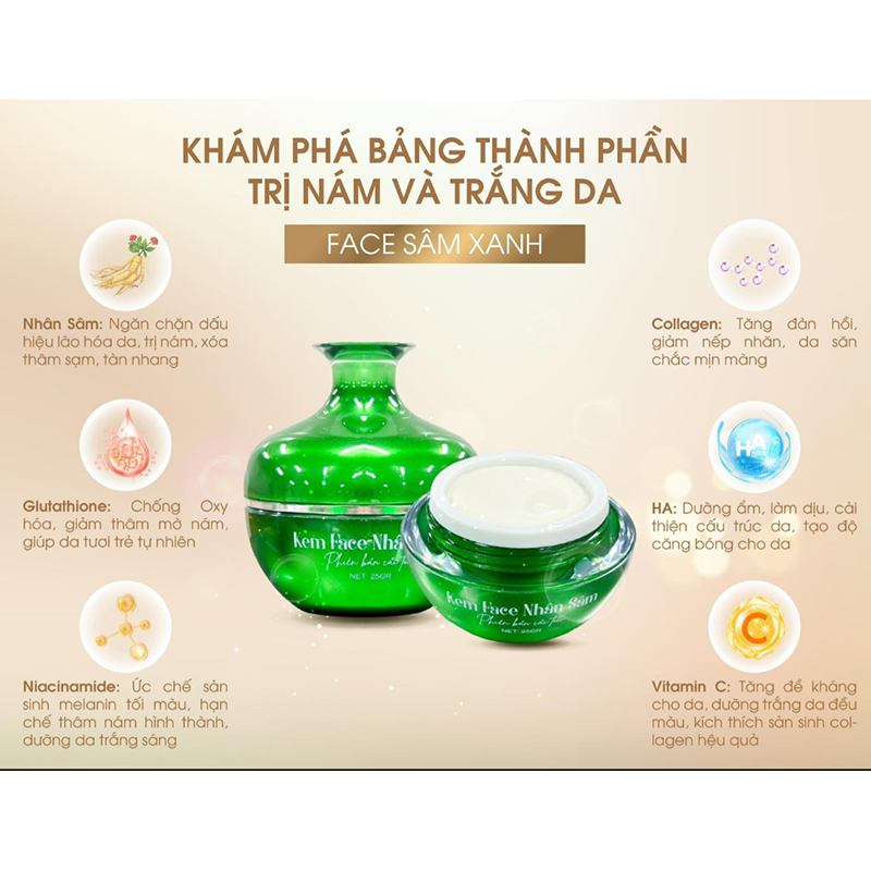 Kem Face Nhân Sâm N-collagen 25g Xanh Cải Tiến, Giảm nám, tàn nhang, tặng kèm kem chống nắng