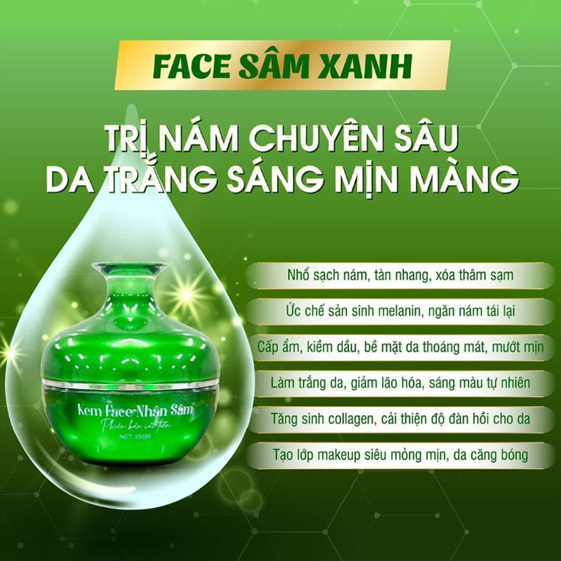 Kem Face Nhân Sâm N-collagen 25g Xanh Cải Tiến, Giảm nám, tàn nhang, tặng kèm kem chống nắng