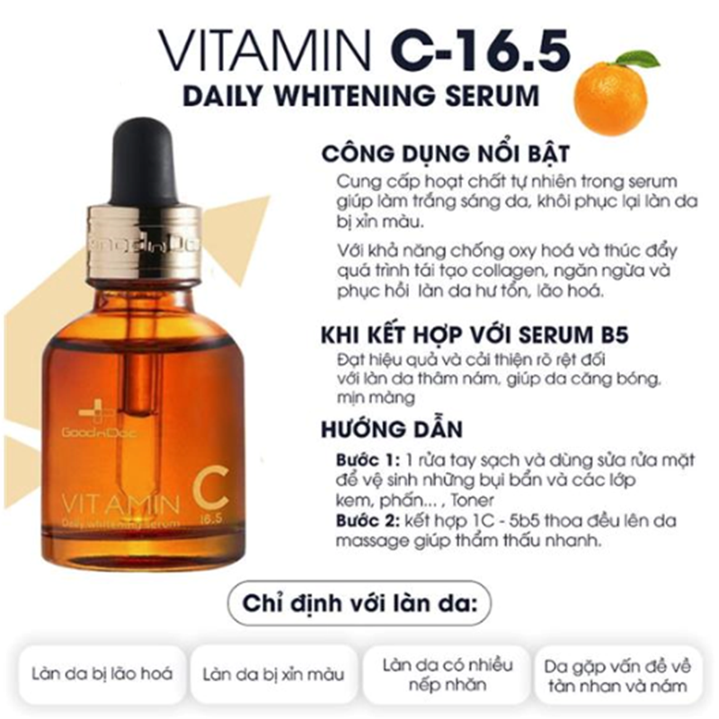 Serum Goodndoc 30ml Vitamin C 16.5, Làm mờ thâm nám, tàn nhang, da không đều màu