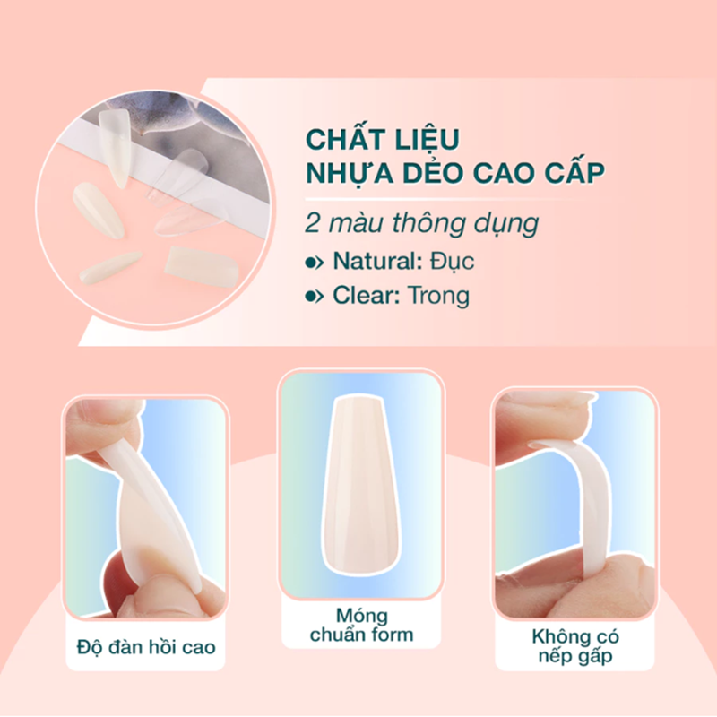 Móng Up Dẻo Vinimay, Hộp 552 móng tay giả đủ form (phom tròn, tròn nhọn, nhọn, vuông, thang)