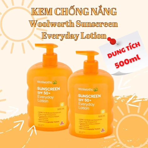 Kem Chống Nắng Body Woolworths Everyday Sunscreen Spf50+ 500ml, không gây nhờn dính hay bí da