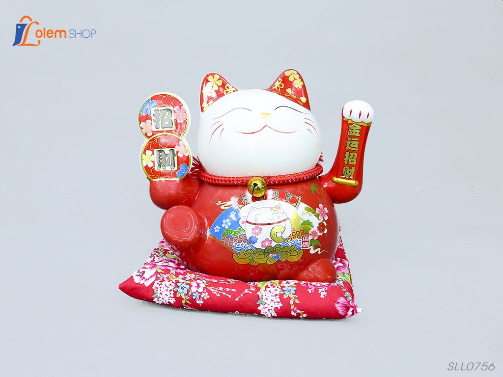 Tượng Mèo thần tài Neko đỏ mang may mắn