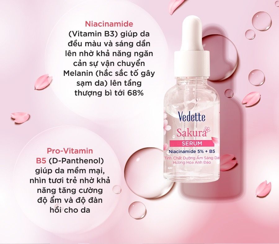 Serum Dưỡng Da Vedette 50ml Sakura, Dưỡng sáng, giúp cải thiện vùng da thô ráp, xỉn màu