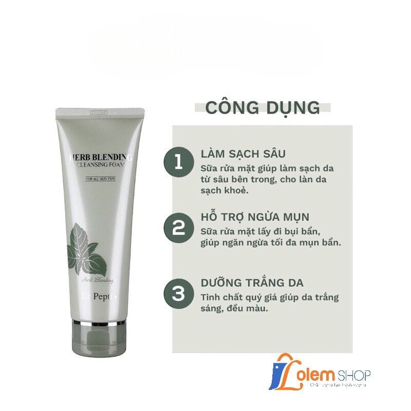 Sữa Rửa Mặt Dr.pepti 110ml Herb Blending Cleansing Foam Bạc Hà Trà Xanh, Giảm mụn, giảm vết thâm do mụn, mờ sạm nám