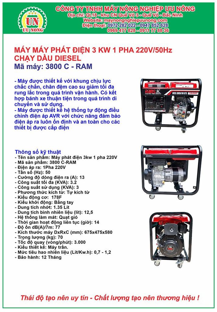 Máy phát điện 3Kw chạy dầu 3800C RAM