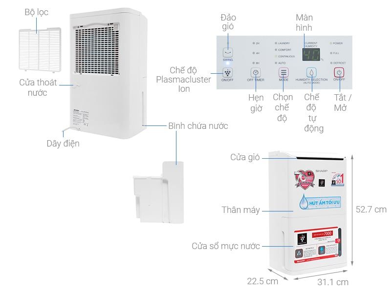 Máy lọc không khí và hút ẩm, tạo i-on Sharp DW-D12A-W