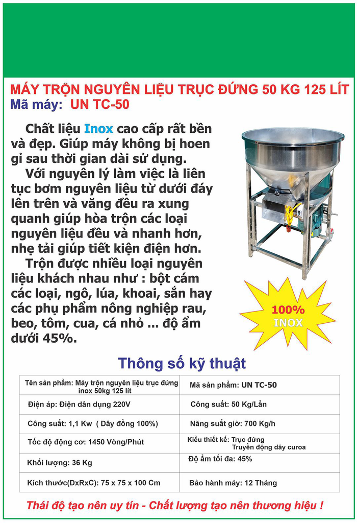 Máy trộn nguyên liệu trục đứng UN TC 50