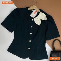 Áo thiết kế BEMINE cổ tròn phối lá cách điệu tay ngắn A434