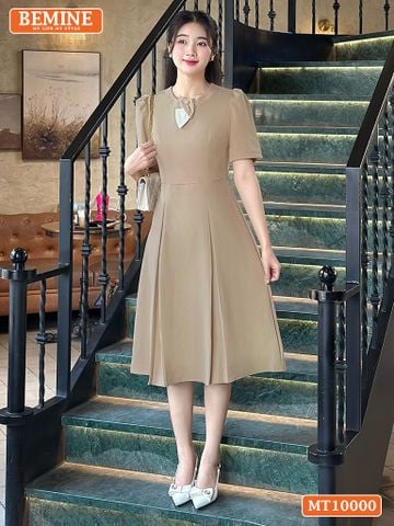 Đầm thiết kế BEMINE cổ tròn nơ lá cách điệu dáng chữ A phù hợp đi làm, đi chơi-MT10000