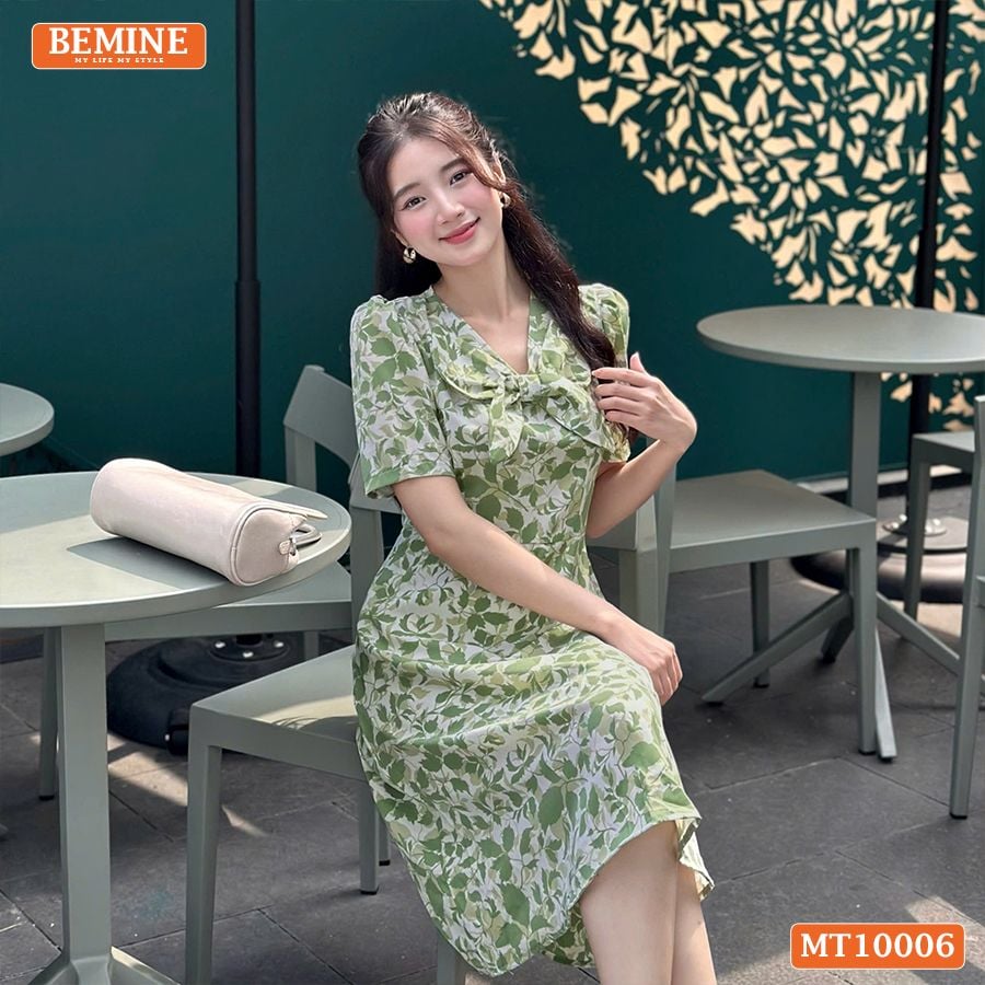 Đầm thiết kế BEMINE cổ V kiểu nơ dáng chữ A phù hợp đi làm, đi chơi-MT10006