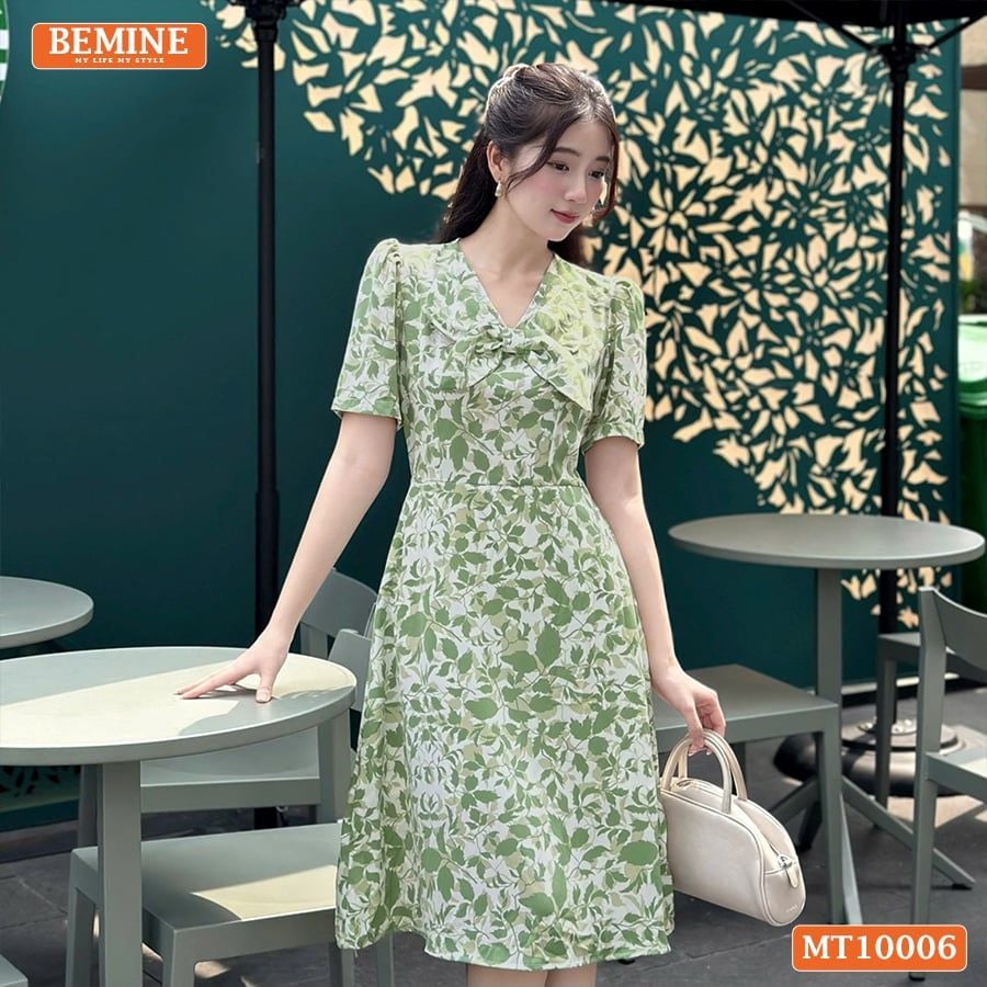 Đầm thiết kế BEMINE cổ V kiểu nơ dáng chữ A phù hợp đi làm, đi chơi-MT10006