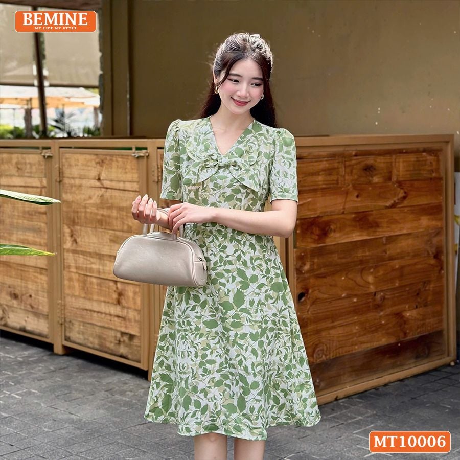 Đầm thiết kế BEMINE cổ V kiểu nơ dáng chữ A phù hợp đi làm, đi chơi-MT10006