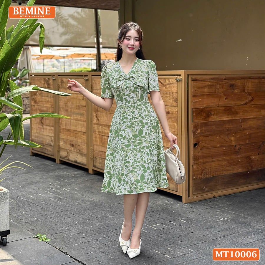 Đầm thiết kế BEMINE cổ V kiểu nơ dáng chữ A phù hợp đi làm, đi chơi-MT10006