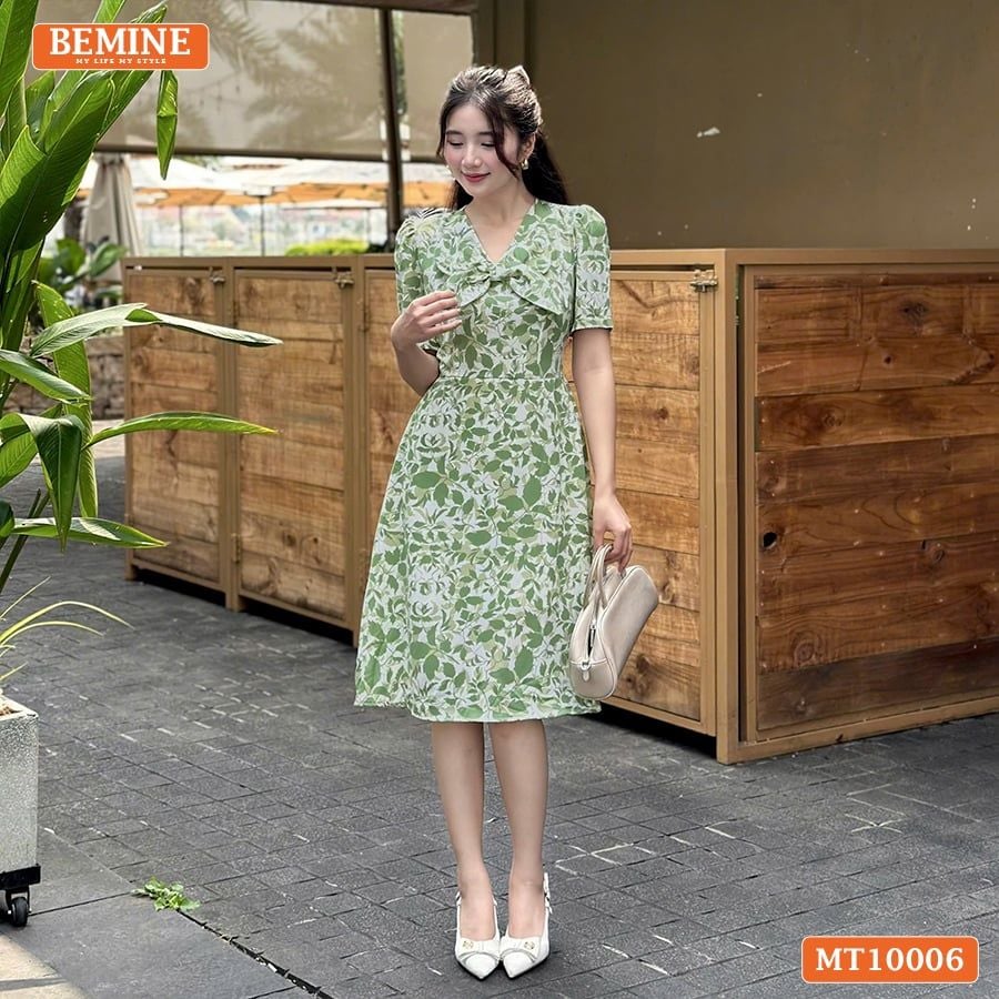 Đầm thiết kế BEMINE cổ V kiểu nơ dáng chữ A phù hợp đi làm, đi chơi-MT10006