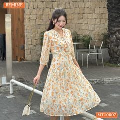 Đầm thiết kế BEMINE cổ V có dây nơ dáng chữ A tay lửng phù hợp đi làm, đi dạo phố-MT10007