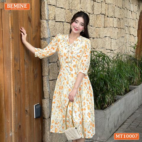 Đầm thiết kế BEMINE cổ V có dây nơ dáng chữ A tay lửng phù hợp đi làm, đi dạo phố-MT10007