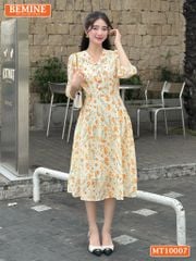 Đầm thiết kế BEMINE cổ V có dây nơ dáng chữ A tay lửng phù hợp đi làm, đi dạo phố-MT10007