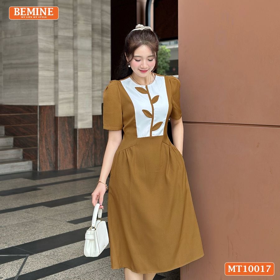 Đầm thiết kế BEMINE cổ tròn họa tiết lá dáng chữ A phù hợp đi làm, đi chơi-MT10017