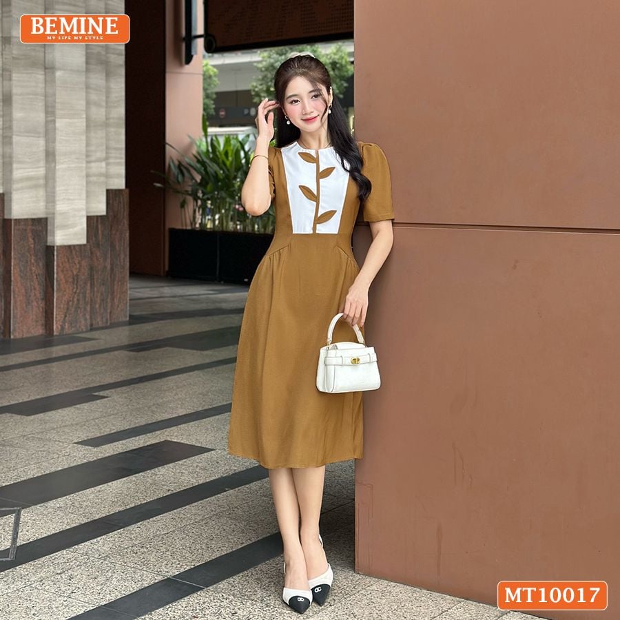 Đầm thiết kế BEMINE cổ tròn họa tiết lá dáng chữ A phù hợp đi làm, đi chơi-MT10017