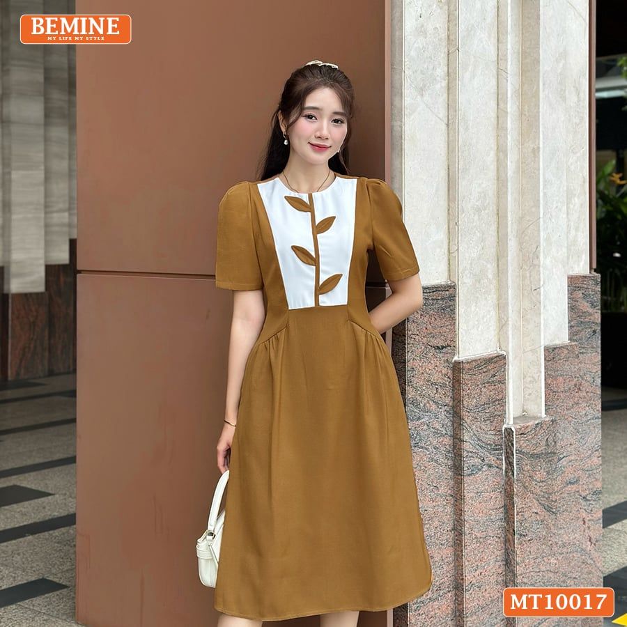 Đầm thiết kế BEMINE cổ tròn họa tiết lá dáng chữ A phù hợp đi làm, đi chơi-MT10017