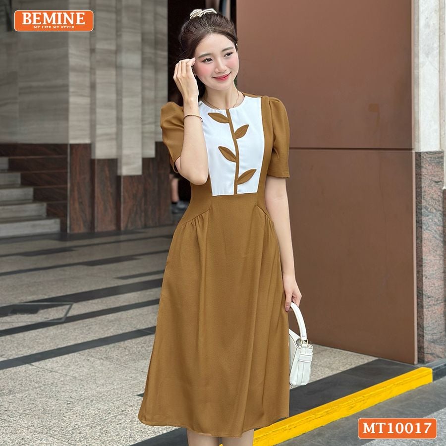 Đầm thiết kế BEMINE cổ tròn họa tiết lá dáng chữ A phù hợp đi làm, đi chơi-MT10017