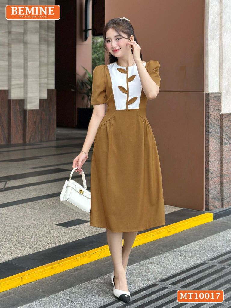 Đầm thiết kế BEMINE cổ tròn họa tiết lá dáng chữ A phù hợp đi làm, đi chơi-MT10017