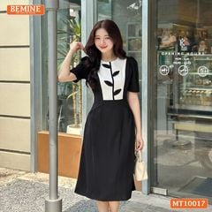 Đầm thiết kế BEMINE cổ tròn họa tiết lá dáng chữ A phù hợp đi làm, đi chơi-MT10017
