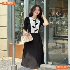 Đầm thiết kế BEMINE cổ tròn họa tiết lá dáng chữ A phù hợp đi làm, đi chơi-MT10017