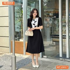 Đầm thiết kế BEMINE cổ tròn họa tiết lá dáng chữ A phù hợp đi làm, đi chơi-MT10017