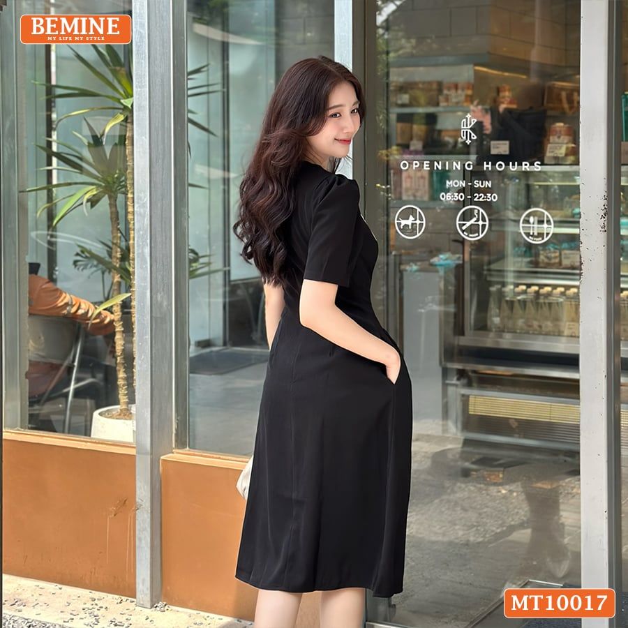 Đầm thiết kế BEMINE cổ tròn họa tiết lá dáng chữ A phù hợp đi làm, đi chơi-MT10017