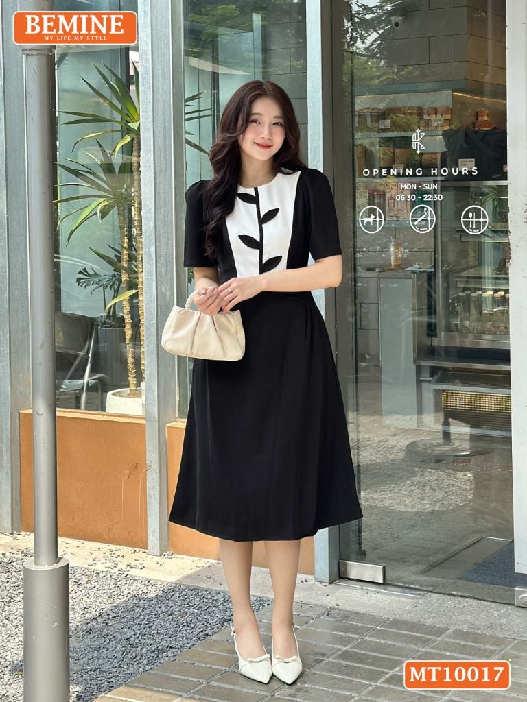 Đầm thiết kế BEMINE cổ tròn họa tiết lá dáng chữ A phù hợp đi làm, đi chơi-MT10017