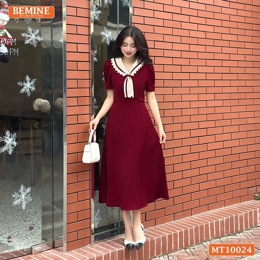 Đầm thiết kế BEMINE cổ cavat viền ren dáng chữ A phù hợp đi làm, đi chơi-MT10024