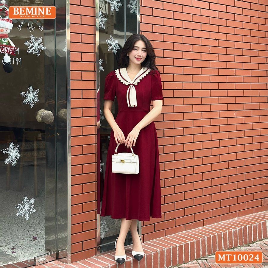Đầm thiết kế BEMINE cổ cavat viền ren dáng chữ A phù hợp đi làm, đi chơi-MT10024