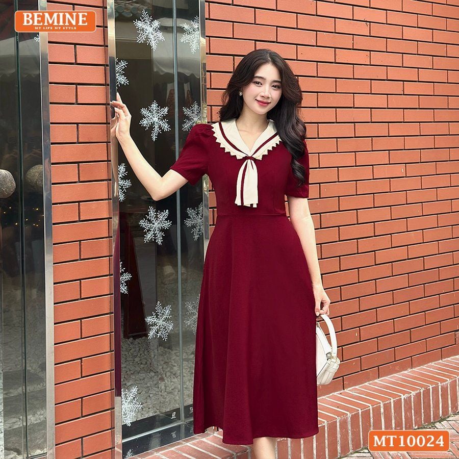 Đầm thiết kế BEMINE cổ cavat viền ren dáng chữ A phù hợp đi làm, đi chơi-MT10024