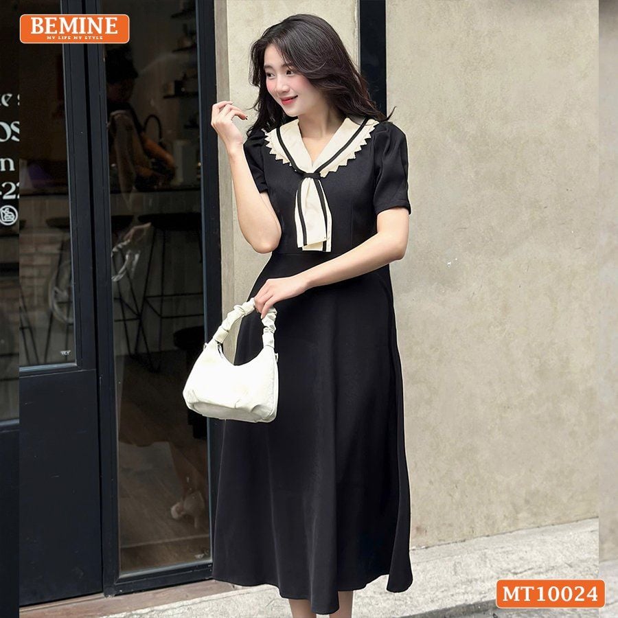 Đầm thiết kế BEMINE cổ cavat viền ren dáng chữ A phù hợp đi làm, đi chơi-MT10024