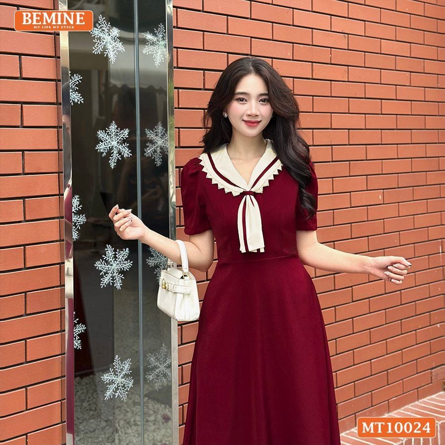 Đầm thiết kế BEMINE cổ cavat viền ren dáng chữ A phù hợp đi làm, đi chơi-MT10024