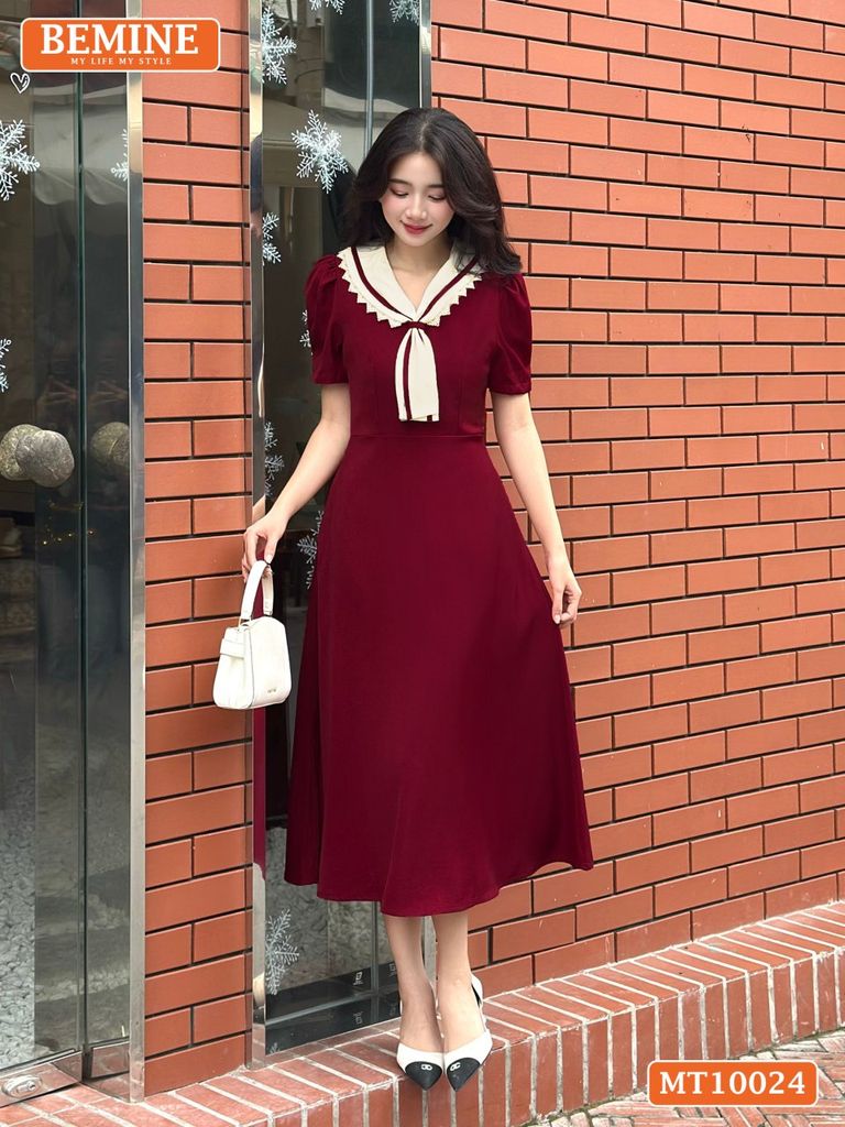 Đầm thiết kế BEMINE cổ cavat viền ren dáng chữ A phù hợp đi làm, đi chơi-MT10024