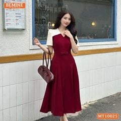 Đầm thiết kế BEMINE cổ V phối dáng chữ A tay ngắn phù hợp đi làm, đi tiệc-MT10025