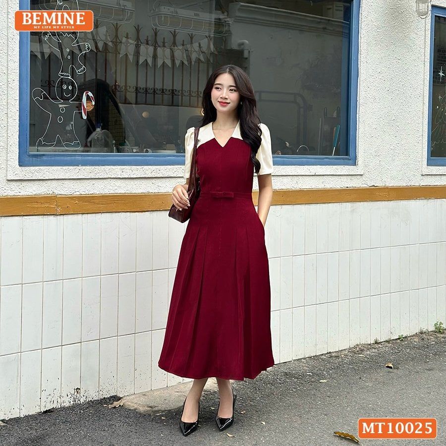 Đầm thiết kế BEMINE cổ V phối dáng chữ A tay ngắn phù hợp đi làm, đi tiệc-MT10025