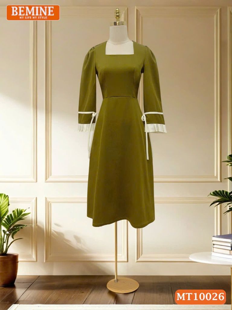 Đầm thiết kế BEMINE cổ vuông dáng chữ A tay lửng phối viền dây nơ phù hợp đi làm, đi dạo phố-MT10026