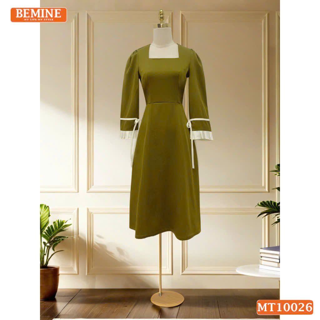 Đầm thiết kế BEMINE cổ vuông dáng chữ A tay lửng phối viền dây nơ phù hợp đi làm, đi dạo phố-MT10026