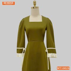 Đầm thiết kế BEMINE cổ vuông dáng chữ A tay lửng phối viền dây nơ phù hợp đi làm, đi dạo phố-MT10026
